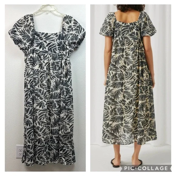 Hayden black & dark gray leaf print silk-organza - like square neck A line dress - Picture 2 of 8